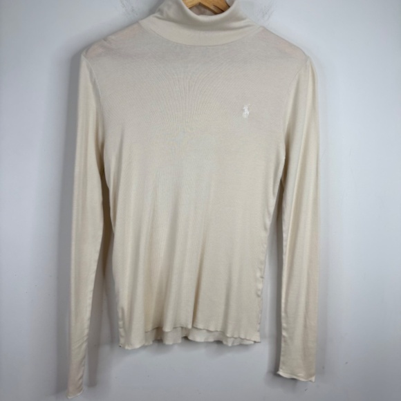 Ralph Lauren Ribbed Knit Turtleneck L Cream Ivory Preppy Old Money Classic Pony - Picture 1 of 8
